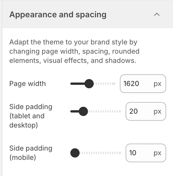 Appearance and spacing settings at the top of the panel in the Theme Editor: Page width, Side padding (tablet and desktop), Side padding (mobile).