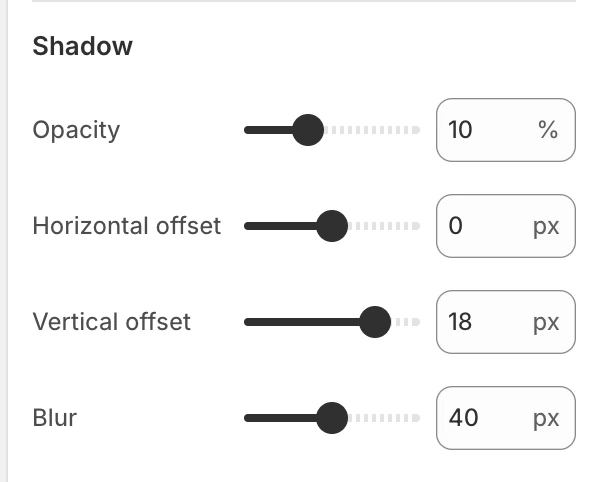 Appearance and spacing Shadow settings in the Theme Editor: Opacity, Horizontal offset, Vertical offset, Blur.