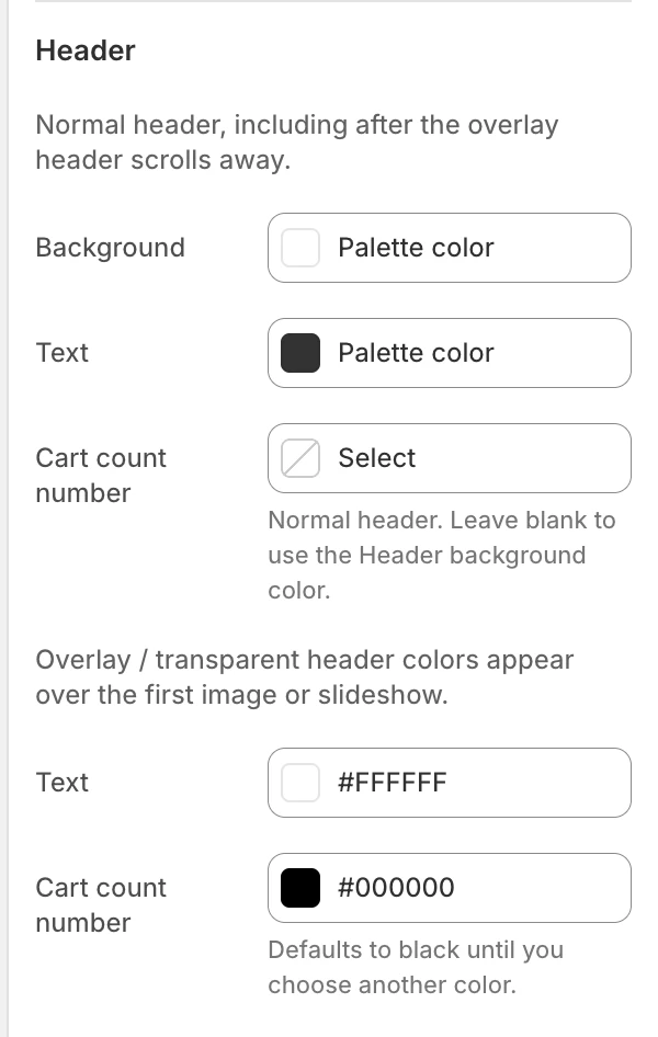 Colors Header settings in the Theme Editor: Background, Text, Cart count number, Text, Cart count number.