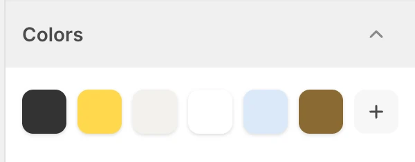 The color palette at the top of Colors in the Theme Editor: a row of color swatches and an add button.