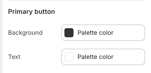 Colors Primary button settings in the Theme Editor: Background, Text.