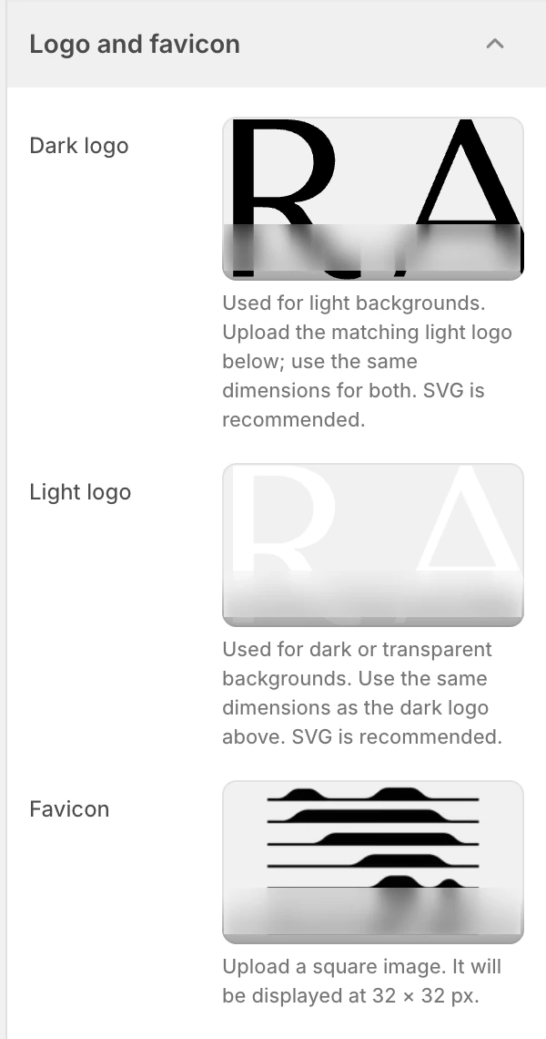 Logo and favicon settings in the Theme Editor: Dark logo, Light logo, Favicon.